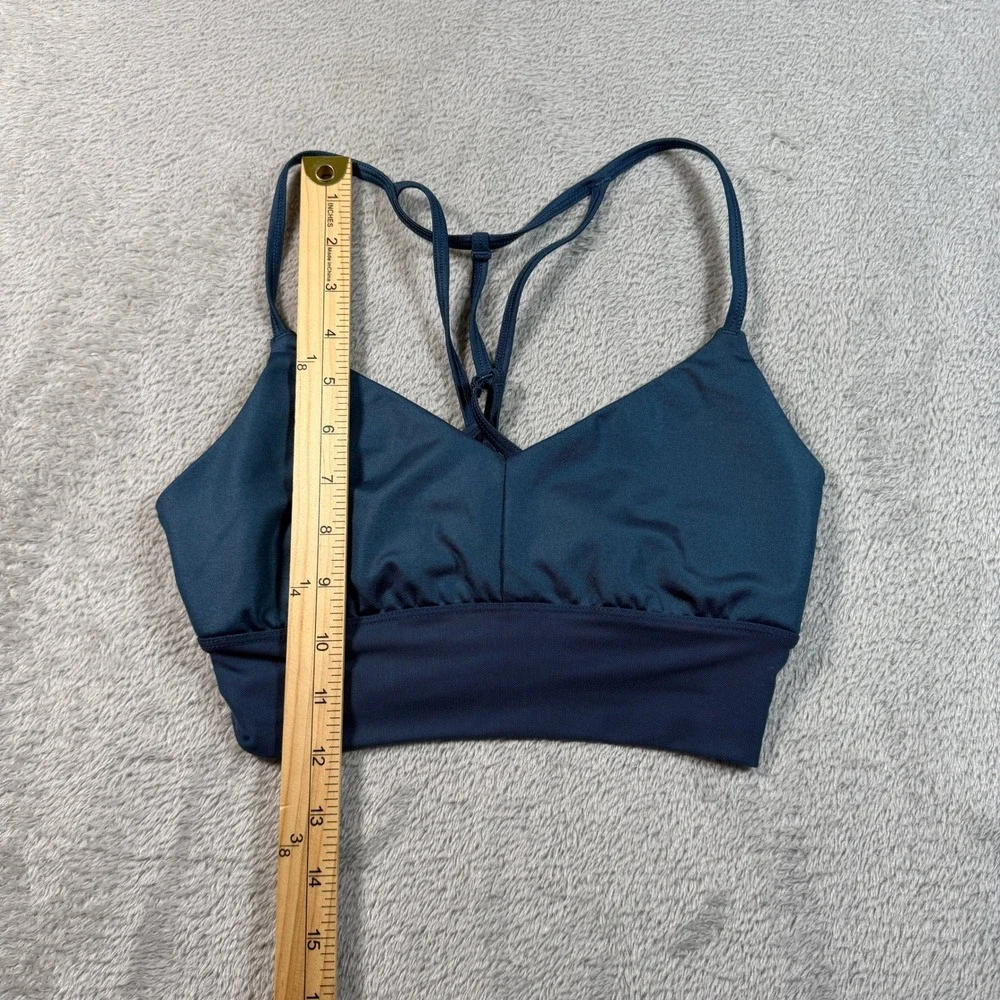 Alo Yoga Sports Bra Womens XS Anthracite Blue Strappy Mesh Trim‎ V-Neck Yoga Gym